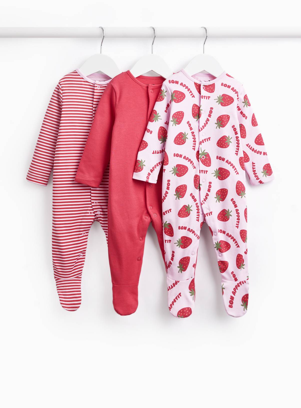 Strawberry & Stripe Print Sleepsuits 3 Pack 6-9 months - Image 1